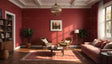 This living room features deep red walls complemented by a soft pink sofa and two wicker chairs with cushions. A round wooden coffee table sits on a patterned red rug. A framed landscape painting adorns the wall, while natural light streams through large windows with red curtains. A potted plant, wooden bookshelf, and modern floor lamp complete the cozy, elegant space. Ai generated. Photography style.