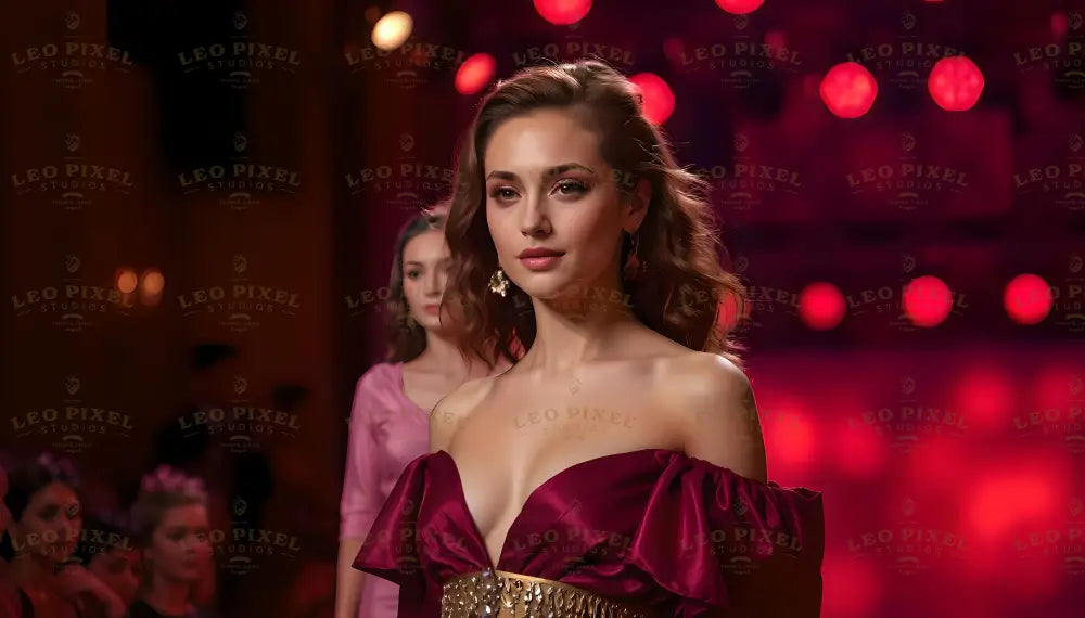 A poised model with wavy, shoulder-length hair walks the runway, adorned in an off-shoulder deep red gown with a gold-textured waist detail. She wears gold statement earrings, and her makeup highlights her soft features. Behind her, another model in pink and the blurred audience create depth, while warm red stage lights illuminate the scene. Ai generated. Photography style.