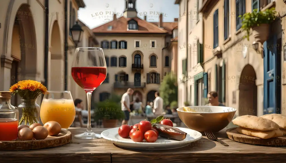 A vibrant table setting features a glass of red wine and a glass of orange juice, paired with a plate of fresh cherry tomatoes and grilled fish. Golden bread and a bowl of citrus slices complement the meal. A rustic wooden table is adorned with a small bouquet of marigolds and decorative bottles. In the background, a picturesque European square with beige facades and arched windows creates a warm and lively ambiance. Ai generated. Photography style.