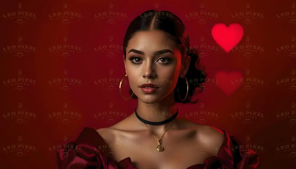 A striking portrait of a woman against a deep red background adorned with faint heart-shaped accents. She has sleek black hair styled back, accentuating her strong features and piercing gaze. Her outfit, rich in burgundy tones, complements the warm hues. She wears gold hoop earrings, a black choker, and a pendant necklace, adding sophistication and charm. Ai generated. Photography style.