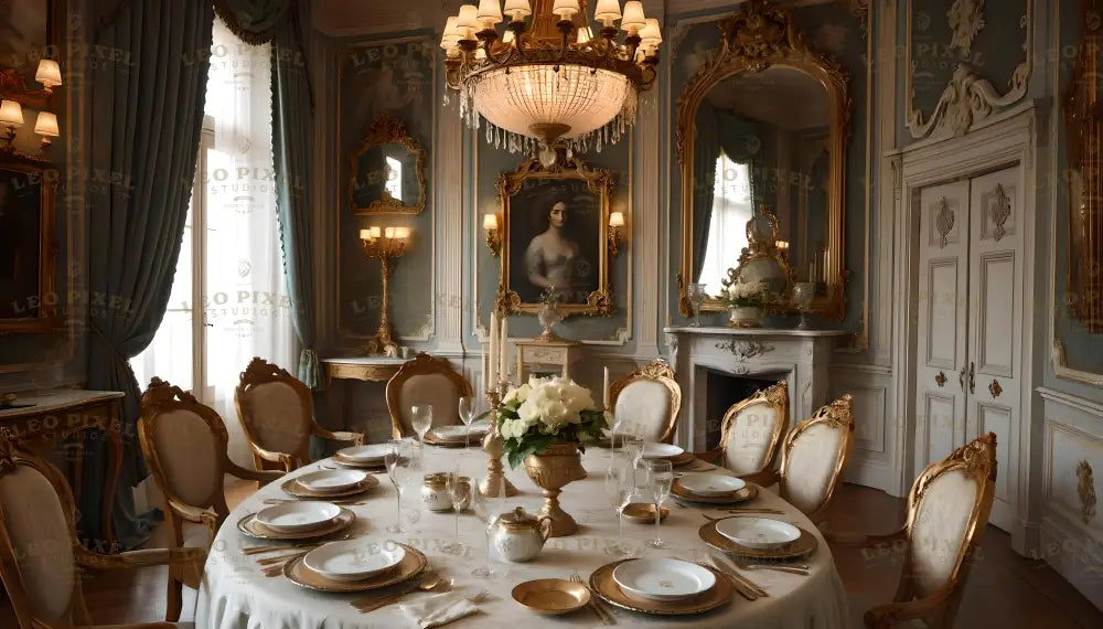 This luxurious Rococo dining room features a round table adorned with fine china and gold-accented glassware. A grand crystal chandelier casts warm light, complementing gilded mirrors and intricate moldings. Soft blue drapes frame tall windows, while ornate chairs with gold detailing encircle the table. The fireplace and wall decor, including a delicate portrait, exude refined opulence. Ai generated. Photography style.