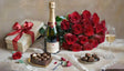 A luxurious scene featuring a bouquet of vibrant red roses, a champagne bottle, and elegant glasses filled with bubbly. A heart-shaped box of fine chocolates sits alongside a neatly wrapped gift with a bold red ribbon. The soft, neutral background enhances the rich reds and golden hues, evoking a sense of romance and indulgence, perfect for special occasions or intimate celebrations. Ai generated image. Art oils style.