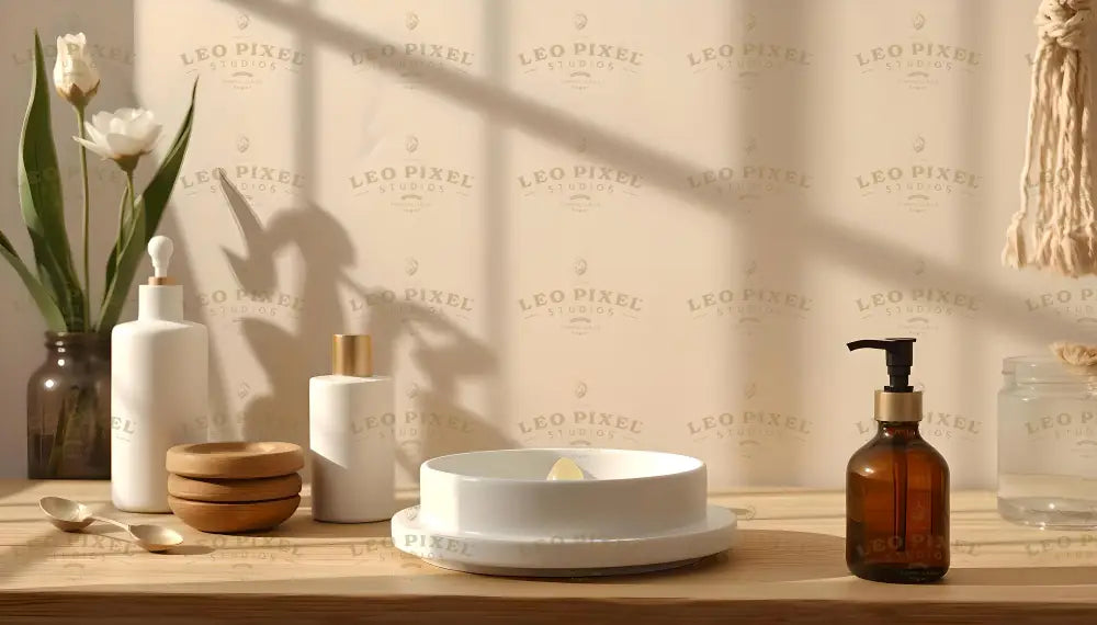 A neat arrangement of items on a wooden surface includes a dark amber glass pump bottle, a white ceramic bowl with a candle, and small stacked wooden bowls. Two white containers with golden accents stand beside the bowl. In the background, a glass vase holds white tulips, and soft shadows fall on the beige wall, highlighting a relaxed and refined aesthetic. Ai generated. Photography style.