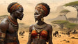 A striking image of two individuals adorned in vibrant tribal attire, featuring intricate necklaces, earrings, and beaded headpieces in earthy tones of orange, gold, and brown. Their confident expressions contrast with the serene African savanna background, where acacia trees and a herd of elephants create a warm, atmospheric scene bathed in soft, golden light. Ai generated. Digital art style.