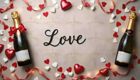 A flat lay features two champagne bottles with gold necks, one adorned with a red bow. The word "Love" is displayed in black script at the center. Surrounding the scene are red and white heart decorations, satin ribbons, and soft glowing lights, creating a romantic and festive ambiance against a neutral background. Ai generated. Flat lay photography style.