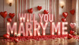 A breathtaking proposal display with bold, illuminated pink letters spelling “WILL YOU MARRY ME,” glowing softly against the elegant room’s neutral backdrop. Heart-shaped balloons in red and pink float gently alongside cascading red ribbons, while rose petals blanket the wooden floor, creating a magical, love-filled atmosphere perfect for an unforgettable moment. Ai generated image.