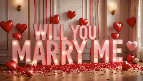 A breathtaking proposal display with bold, illuminated pink letters spelling “WILL YOU MARRY ME,” glowing softly against the elegant room’s neutral backdrop. Heart-shaped balloons in red and pink float gently alongside cascading red ribbons, while rose petals blanket the wooden floor, creating a magical, love-filled atmosphere perfect for an unforgettable moment. Ai generated image.