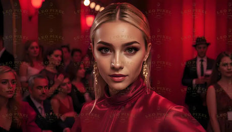 A blonde woman with sharp features and piercing eyes stands out in a red-lit room, wearing a luxurious red satin outfit. Her golden, dangling earrings complement her sleek hairstyle. The background features blurred figures in formal attire, with warm red tones illuminating the space, adding depth and elegance to the scene. Ai generated. Photography style.