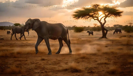 The image shows elephants walking and grazing on a dry savanna at sunset. A large elephant is in the foreground, its tusks visible as it stirs up dust from the parched ground. In the background, acacia trees frame the glowing sun, creating a golden haze. Other elephants are scattered across the horizon, blending with the serene landscape of dry grass and soft light. Ai generated. Photography style.