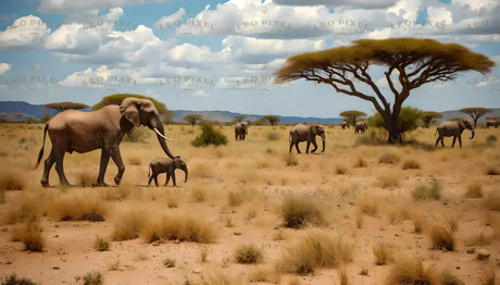 A herd of elephants walks across a dry savanna under a bright blue sky dotted with fluffy white clouds. Acacia trees spread their flat canopies, casting sparse shadows over the golden grass. The foreground features a large elephant leading a calf, their textures and size contrasting beautifully with the serene, expansive landscape stretching to the distant mountains. Ai generated.
Photography style.