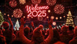 A jubilant crowd gathers under a dazzling "Welcome 2025" sign, surrounded by festive lights and brilliant fireworks lighting up the night sky. The scene is filled with vibrant energy as people raise their hands in celebration, embracing the excitement of new beginnings. Beautifully lit Christmas trees add a touch of holiday charm, creating a warm and festive atmosphere. This stunning display captures the unity, hope, and joy of welcoming a bright and prosperous New Year. Ai generated image.