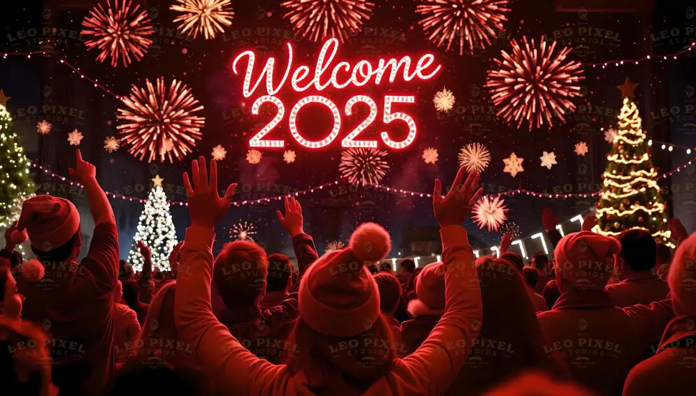 A jubilant crowd gathers under a dazzling "Welcome 2025" sign, surrounded by festive lights and brilliant fireworks lighting up the night sky. The scene is filled with vibrant energy as people raise their hands in celebration, embracing the excitement of new beginnings. Beautifully lit Christmas trees add a touch of holiday charm, creating a warm and festive atmosphere. This stunning display captures the unity, hope, and joy of welcoming a bright and prosperous New Year. Ai generated image.