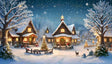 A cozy, snow-covered village glows under a starry winter sky. Warmly lit cottages adorned with festive wreaths and garlands surround a beautifully decorated Christmas tree. Gentle snowflakes fall, creating a serene and magical atmosphere. Lively holiday scenes unfold with families and animals adding charm to this picturesque holiday setting. Ai generated image. Digital art style.