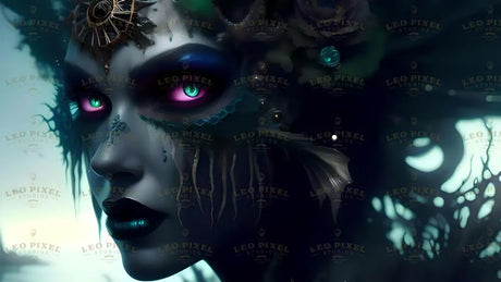 A close-up of a mysterious face with glowing magenta eyes, shimmering dark lips, and aquatic textures across her skin. Adorned with intricate metallic and organic details, including a web-like crown and translucent fins, her otherworldly features blend into a hazy background of light and shadow. Bioluminescent accents and subtle oceanic elements enhance the surreal and ethereal aesthetic. Ai generated. Cinematic style.