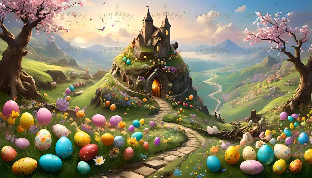  A grand castle sits atop a lush, flower-covered hill with a winding stone path leading to its glowing entrance. Brightly decorated eggs in pastel colors are scattered across the meadow below, surrounded by blooming flowers and pink-blossomed trees. Rolling green hills and distant mountains stretch under a sunny, clear sky, creating a magical and festive springtime setting. Ai generated. Digital art style.