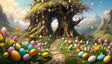 A massive, ancient tree adorned with pink blossoms and colorful Easter eggs features an inviting hollow at its center, surrounded by vibrant wildflowers. A cobblestone path winds through lush, green hills toward the hollow. Scattered eggs and whimsical decorations add charm, while distant mountains and a serene sky complete the idyllic spring setting. Ai generated. Digital art style.