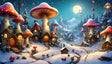 Beneath a glowing moon, a whimsical mushroom village comes alive. Towering toadstools with warmly lit homes line snow-covered paths. Lanterns dangle from vibrant caps, illuminating the serene winter night. Tiny houses and chimneys puff gentle smoke, creating a magical, cozy ambiance. A surreal blend of fantasy and winter's charm. Ai generated image. Digital art style.