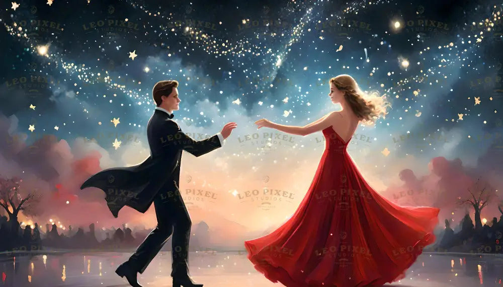 A breathtaking digital art style image of a couple dancing beneath a sky ablaze with stars. The man, in a sharp black suit, moves gracefully toward his partner, who twirls in a radiant red gown that flows like liquid silk. Shimmering stars fall gently from the heavens, illuminating their figures as they float across a dreamlike landscape glowing with warm twilight tones. Ai generated image.