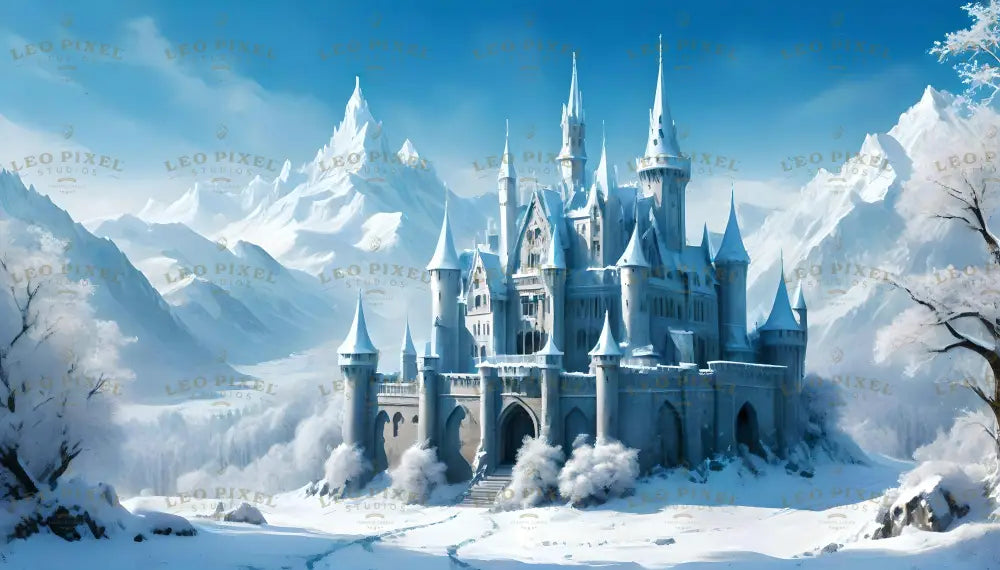 Nestled among majestic snowy peaks, this grand castle showcases an architectural marvel with its pointed towers and intricate design, glistening under a clear blue sky. Surrounded by pristine white landscapes and frosted trees, the fortress exudes serenity. A winding pathway leads to its imposing entrance, reflecting timeless elegance in a tranquil winter paradise. Ai generated image.