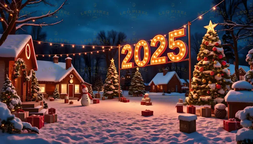 A cozy winter village radiates warmth and festivity as the glowing "2025" sign lights up the snowy night. String lights hang delicately above, connecting charming snow-covered houses adorned with wreaths and twinkling decorations. Christmas trees glisten with ornaments, and snowmen add a playful touch. Wrapped gifts are scattered across the snowy ground, creating a magical and inviting scene. The atmosphere is filled with holiday cheer, celebration, and the promise of a joyful new year. Ai generated image.