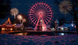 Under a starry night sky, a glowing Ferris wheel takes center stage, surrounded by charming snow-dusted houses adorned with warm lights. Fireworks illuminate the scene, reflecting off the serene pond below. This magical winter village blends nostalgic charm with festive excitement, creating a perfect setting for holiday joy and celebration, ideal for families and dreamers alike. Ai generated image.