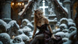 A mysterious elf-like figure sits amidst a gothic snow-covered setting, surrounded by sculpted skulls and icy tombstones. Her dark corseted gown, intricate jewelry, and piercing gaze exude an air of ethereal beauty and otherworldly allure. The glowing candles and shadowed backdrop enhance the haunting yet captivating atmosphere of this wintry, fantastical scene. Ai generated image.