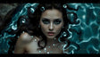 A woman with piercing green eyes and delicate features stares forward. Her dark, wavy hair is adorned with sparkling crystals, which seem to float around her. The teal, rippling water behind her reflects light, creating glowing patterns. She wears subtle makeup, pearl earrings, and a matching necklace, enhancing her ethereal and captivating presence. Ai generated. Photography style.