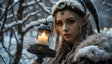 A captivating elf holds a glowing lantern amidst a snow-covered forest, her gaze both mysterious and enchanting. Adorned with intricate jewelry and a fur-lined cloak, her regal presence is complemented by the delicate snowfall around her. The warm candlelight contrasts beautifully with the icy surroundings, creating a magical, otherworldly atmosphere brimming with intrigue and elegance. Ai generated image.