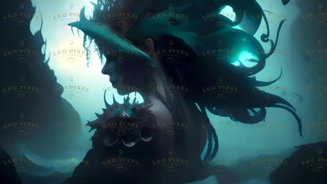 A shadowed figure with intricate aquatic features is shown in profile against a glowing teal background. Her flowing hair blends with the water, adorned with organic shapes and luminous details. A coral-like shoulder piece and soft light highlight her mysterious presence. Surrounding fish and faint silhouettes create an otherworldly underwater setting. Ai generated. Cinematic style.