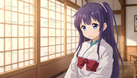 This anime illustration portrays a young woman with flowing violet hair and expressive blue eyes, dressed in a traditional white outfit adorned with a red bow. The warm glow of sunlight filters through wooden shoji screens, creating a tranquil atmosphere. Her gentle expression complements the peaceful and traditional Japanese setting. Ai generated image.