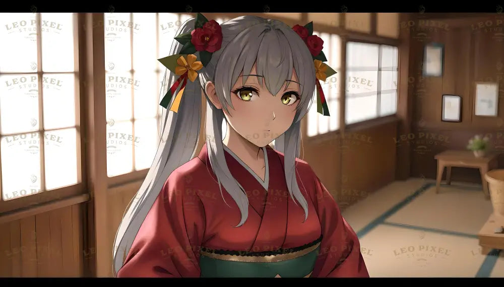 A beautifully drawn anime-style depiction of a young woman wearing a traditional red kimono, her silver hair accented with intricate floral accessories. Set in a serene Japanese wooden interior, the soft light enhances her golden eyes and graceful demeanor, blending anime artistry with the elegance of cultural heritage. Ai generated image.