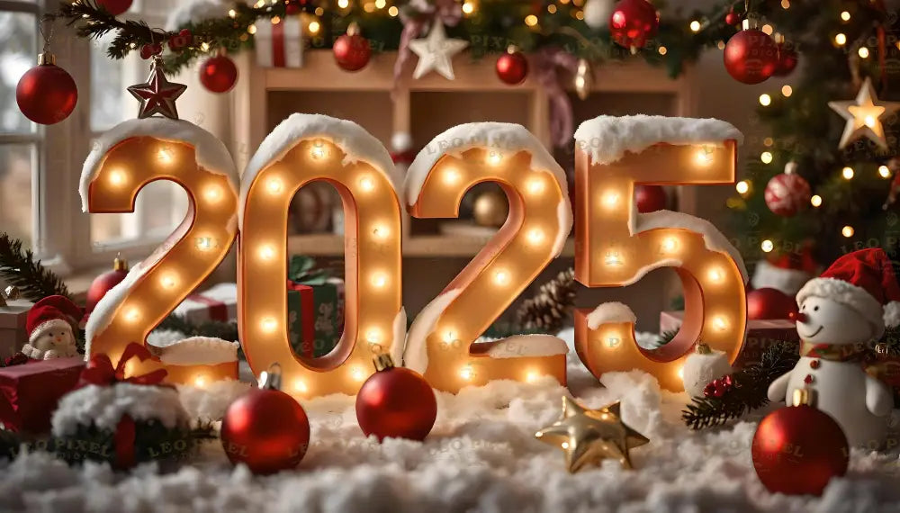 A warm, festive setup welcomes 2025 with glowing marquee numbers dusted in snow, surrounded by vibrant holiday decorations. Red ornaments, golden stars, and a cheerful snowman add charm to the scene, set against a background of twinkling lights and wrapped gifts. This image captures the spirit of joy, anticipation, and holiday warmth, perfect for New Year celebrations. Ai generated image. 