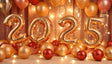 Golden "2025" balloon numbers take center stage in a festive arrangement, surrounded by shimmering gold and red balloons. Soft fairy lights and champagne flutes add a touch of elegance to the backdrop, evoking a glamorous celebration. This vibrant setup radiates joy, sophistication, and excitement, perfect for welcoming the new year in style. Ai generated image.