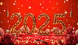 The vibrant red backdrop sets the stage for dazzling "2025" numbers adorned with golden frames and ruby-like accents. Surrounded by roses, shimmering confetti, and festive ornaments, the scene radiates elegance and celebration. The warm lights and rich tones create a luxurious and joyous atmosphere, symbolizing a glamorous start to the new year. Ai generated image.