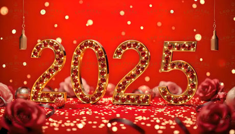 The vibrant red backdrop sets the stage for dazzling "2025" numbers adorned with golden frames and ruby-like accents. Surrounded by roses, shimmering confetti, and festive ornaments, the scene radiates elegance and celebration. The warm lights and rich tones create a luxurious and joyous atmosphere, symbolizing a glamorous start to the new year. Ai generated image.