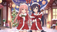 Two anime girls in festive Santa-inspired outfits are set against a charming winter holiday backdrop. Their matching red dresses with bows complement the warm lights and snowy decorations. A Christmas tree and lanterns enhance the cheerful atmosphere, embodying a cozy and vibrant holiday celebration in a traditional setting. Ai generated image.