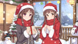 Two anime girls dressed in festive winter attire, including Santa hats and cozy scarves, share a heartwarming moment in a snow-filled setting. One holds a wrapped gift while the other smiles softly, surrounded by holiday decor like snowmen, garlands, and a decorated Christmas tree. The warm indoor light contrasts beautifully with the snowy outdoor backdrop, capturing the holiday spirit. Ai generated image.