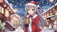 A cheerful anime girl with silver hair and bright blue eyes is dressed in a festive Santa-style outfit, complete with a red coat, white fur trim, and a Santa hat. She holds a wrapped gift in her gloved hands, surrounded by a snowy, illuminated town filled with Christmas decorations. The vibrant scene captures the warmth and joy of a holiday evening. Ai generated image.