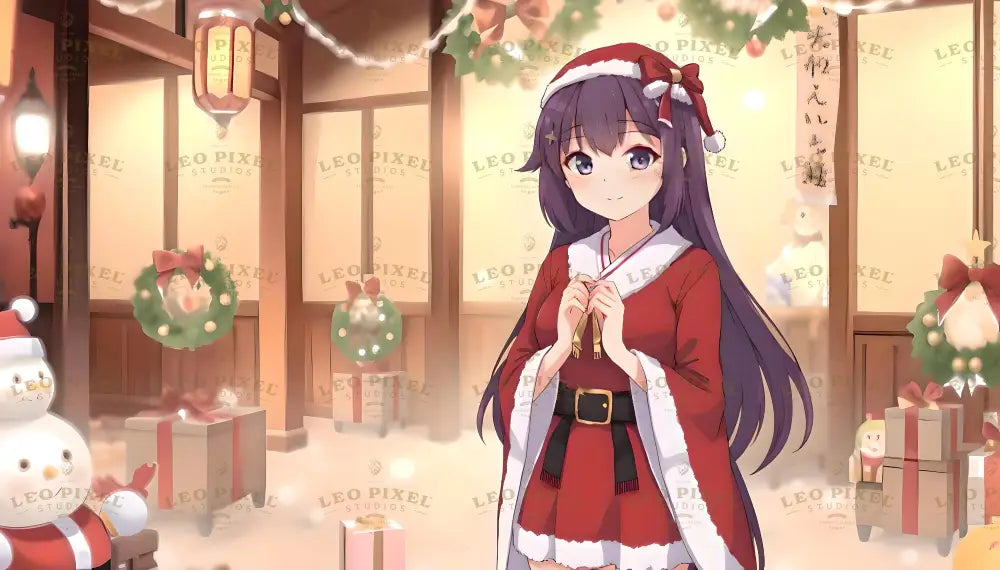 This heartwarming anime scene showcases a young girl in a Santa-inspired outfit, standing amidst a cozy holiday setting. With her gentle smile and vibrant purple hair, she radiates festive charm. Surrounding her are glowing wreaths, gift boxes, and snowmen, beautifully capturing the spirit of Christmas in an intimate, warmly-lit environment. Ai generated image.