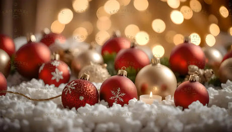 A charming arrangement of Christmas ornaments featuring vibrant red and shimmering gold baubles, adorned with delicate snowflake patterns. Resting on a soft, snow-like surface, the decorations evoke a cozy holiday vibe, enhanced by the gentle glow of a nearby candle and warm bokeh lights. The elegant design captures the spirit of Christmas, blending tradition with festive sophistication. Ai generated image.