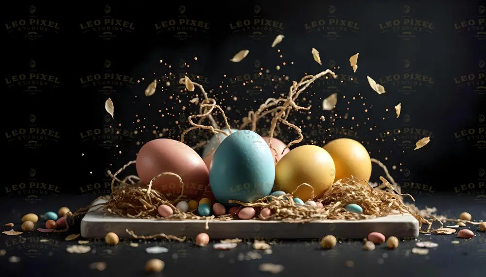 Pastel-colored eggs in pink, blue, yellow, and green rest on a wooden tray filled with shredded straw. Tiny candy eggs are scattered around, while pieces of straw and small particles burst into the air against a dark black background. The contrast between the vibrant eggs and dynamic flying debris creates a lively and celebratory display. Ai generated. Photography style.