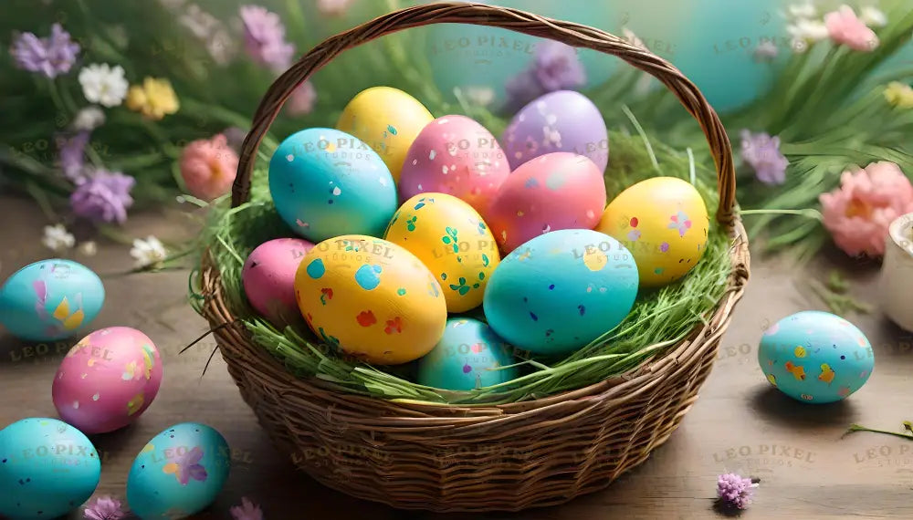 The image shows a wicker basket filled with colorful Easter eggs resting on green grass. The eggs are painted in soft pastel shades like yellow, pink, and blue, decorated with simple patterns of dots, flowers, and splashes. A few eggs are scattered on a wooden surface nearby. The background features soft-focus flowers and greenery, adding to the bright and festive mood of the scene. Ai generated. Photography style.