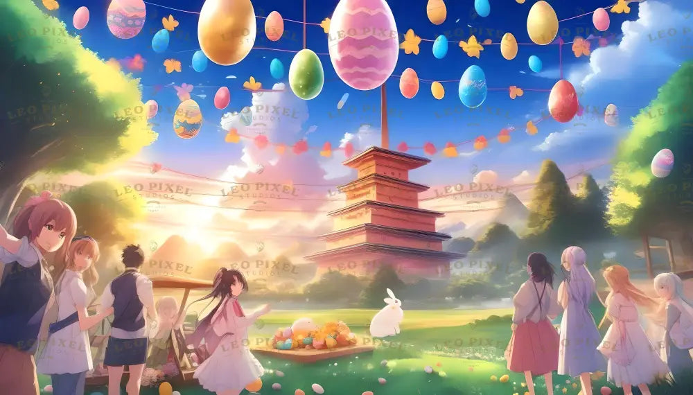 A group of people gathers in a serene meadow beneath a colorful display of suspended Easter eggs and butterfly decorations strung across the sky. The warm sunset casts golden hues over a traditional multi-tiered pagoda and lush green surroundings. On the ground, vibrant Easter eggs and a white rabbit accompany a table adorned with flowers and seasonal décor. Ai generated. Anime style.