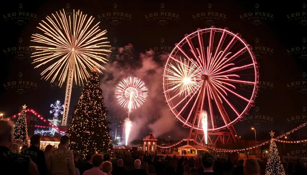 A dazzling Ferris wheel glows with vibrant lights, surrounded by spectacular fireworks illuminating the night sky. The scene is enhanced by beautifully lit Christmas trees and festive decor, creating a magical celebration atmosphere. Crowds gather to marvel at this enchanting display of light, color, and holiday spirit. Ai generated image.