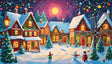 A whimsical village glows under a snowy night sky lit by a radiant full moon. Vibrant cottages, adorned with garlands and colorful lights, exude festive cheer. Children play with snowmen, while warm light spills from windows, creating a cozy and joyous atmosphere. Snow-covered trees and twinkling decorations complete this magical holiday scene. Ai generated image. Psychedelic style.