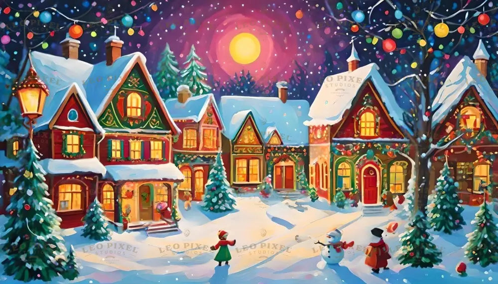 A whimsical village glows under a snowy night sky lit by a radiant full moon. Vibrant cottages, adorned with garlands and colorful lights, exude festive cheer. Children play with snowmen, while warm light spills from windows, creating a cozy and joyous atmosphere. Snow-covered trees and twinkling decorations complete this magical holiday scene. Ai generated image. Psychedelic style.