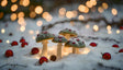 Snow-dusted mushrooms glow warmly in a snowy landscape, surrounded by red ornaments and pinecones. Golden bokeh lights in the background add a magical touch, creating a festive atmosphere. The blend of natural and holiday elements captures the whimsical charm of winter, evoking seasonal celebration. This elegant scene highlights the harmony between nature and festivity, offering a perfect representation of the holiday season's beauty and enchantment. Ai generated image.