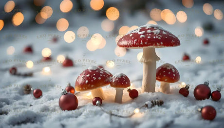 Nestled in a snowy wonderland, vibrant red mushrooms with delicate white speckles create a magical scene, complemented by glowing fairy lights and festive ornaments scattered around. The gentle bokeh effect in the background adds warmth and charm, blending holiday cheer with nature's elegance. A captivating blend of winter and festivity. Ai generated image. Photography style.