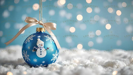 A vibrant blue Christmas bauble featuring a cheerful snowman and delicate snowflake patterns hangs elegantly with a golden ribbon. Nestled on soft white snow, it exudes holiday charm. The dreamy background, with bokeh lights and a frosty blue tone, creates a magical winter ambiance.  Ai Generated Image. Photography style.