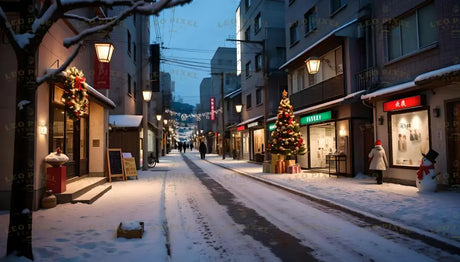 A charming Tokyo street sparkles with holiday cheer, adorned with festive wreaths, string lights, and a beautifully decorated Christmas tree. Snow blankets the ground, while glowing lampposts and shopfronts add warmth to the serene evening. A snowman stands cheerfully on the sidewalk, completing this cozy winter scene that captures the magic of the holiday season in the heart of Tokyo. Ai generated image.